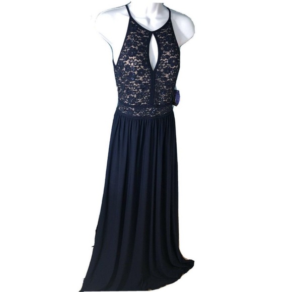 NWT Morgan & Co. Halter Top Long Prom Dress, Navy Blue, Size 8 - Picture 9 of 12